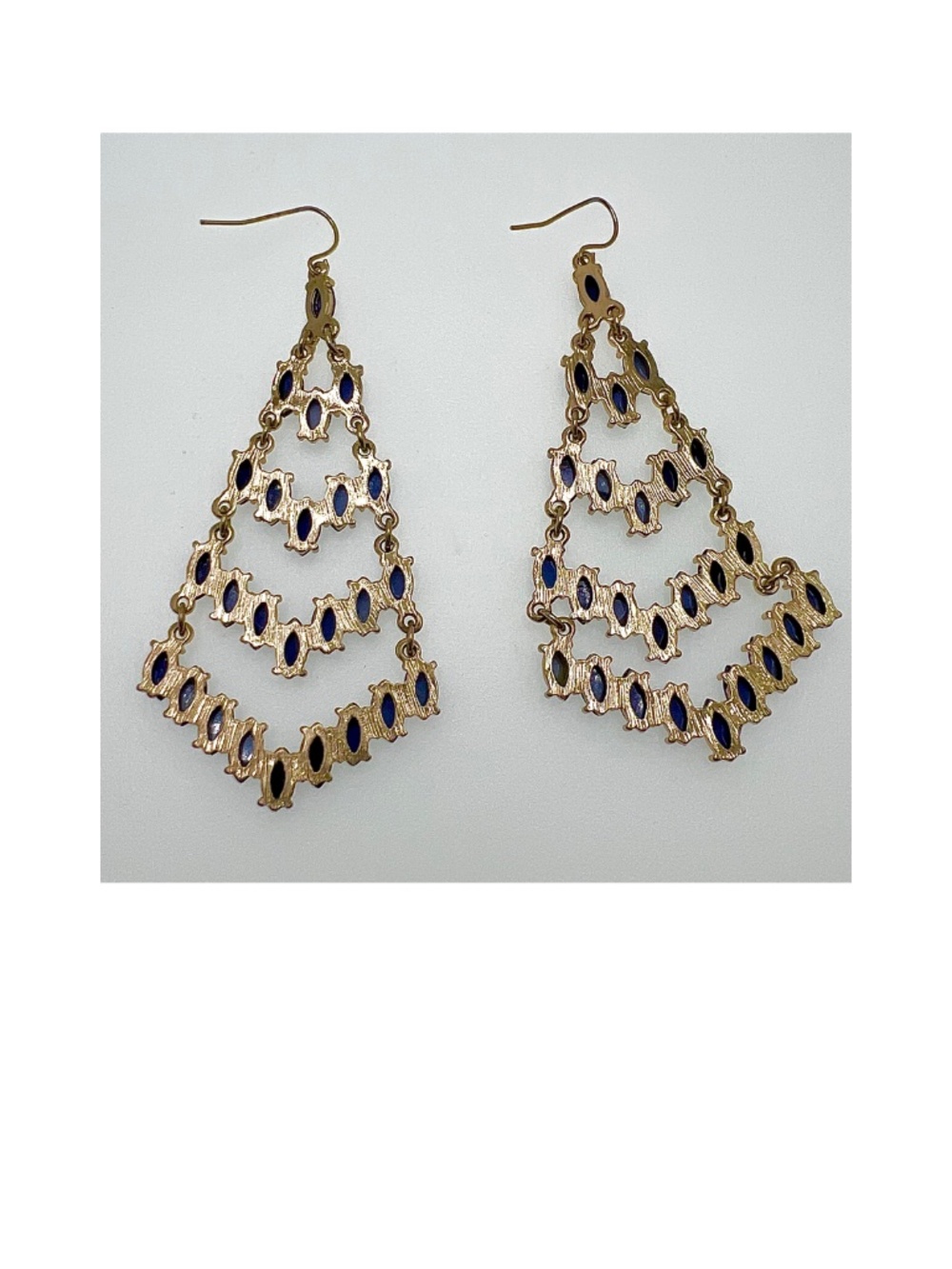 Chandelier Style Pierced Earrings in Gold-tone and Navy Blue - Picture 2 of 4